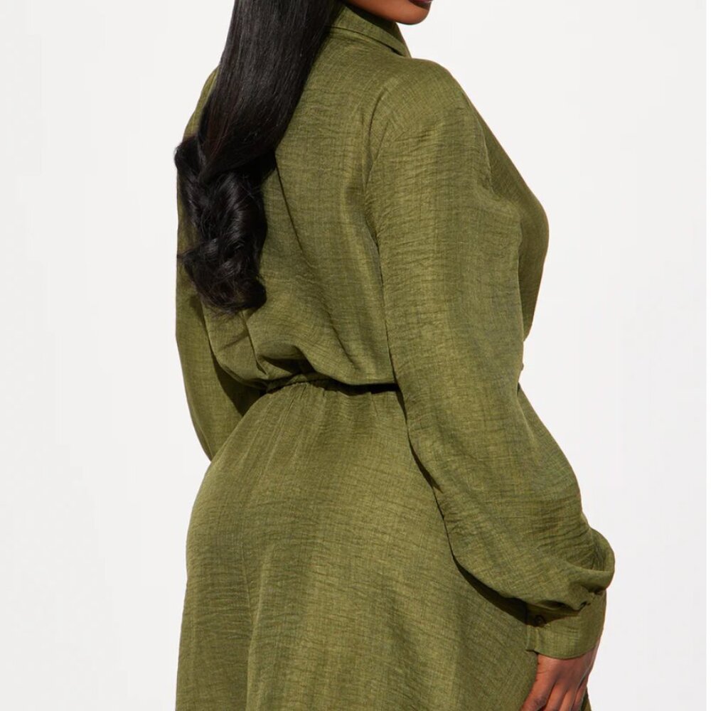 Julia Belted Linen Mini Dress - Olive in 1X - Picture 3 of 3